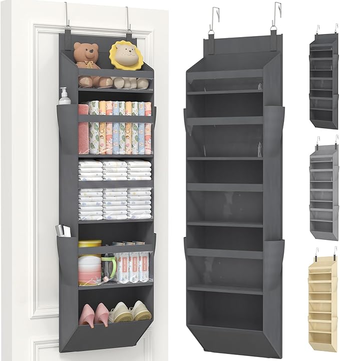 Lifewit 1 Pack Over the Door Organizer, 5 Section Clear Window Hanging Storage with 4 Side Pockets, Sturdy Anti Tilt 40 lbs Load Behind Door for Closet, Bedroom, Bathroom, Nursery, Dorm, Dark Gray
