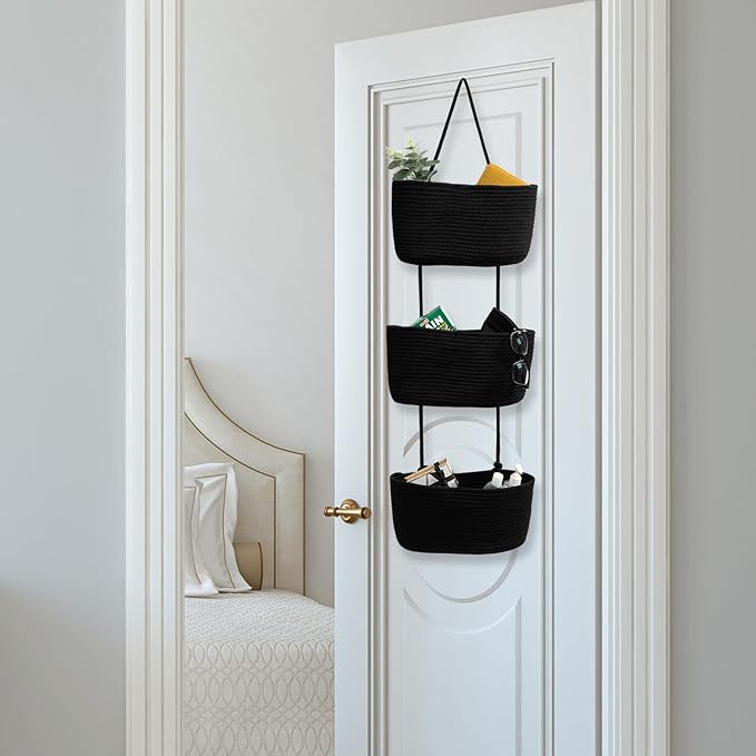 TeoKJ Over the Door Hanging Basket, 3-Tier Woven Cotton Wall-Mounted Storage Organizer Bag Decorative Hanging Nursery Baskets, Black