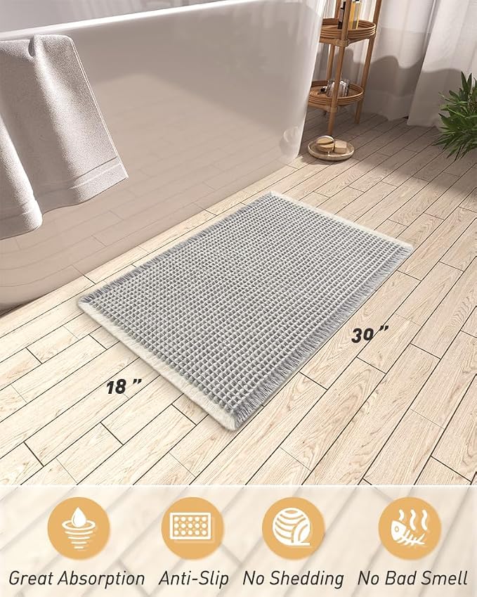 Upgraded Waffle Bath Mat, Super Absorbent Non Slip Bath Mats for Bathroom Floor, Machine Washable Bathroom Rugs with Tassels, Rubber Backed Bathroom Mats, Ultra Soft, 18" x 30",LightGrey & Cream