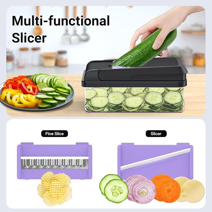 SpaceHacks 12-in-1 Vegetable Chopper, Kitchen Gadgets with 7 Blades, Veggie, Food, Onion Chopper, Cucumber Slicer, Versatile Mandoline, Includes Egg Separator & Finger Guard, Purple