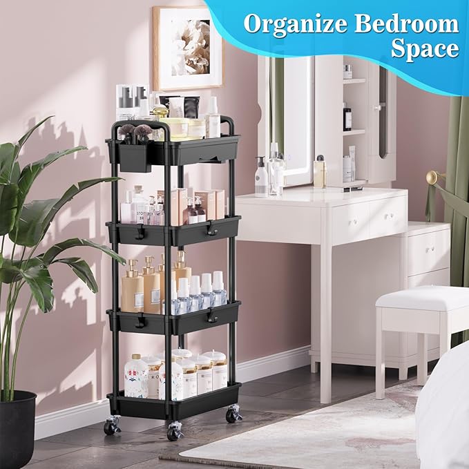 SUNALLY 4 Tier Rolling Utility Cart with Drawer, Storage Organizer Cart with 2 Lockable Wheels, Multifunctional Rolling Storage Cart for Bathroom, Kitchen, Craft, Makeup, Baby Essentials, Black