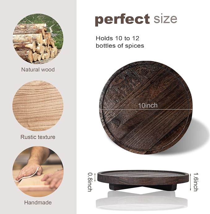 Round Decorative Tray Wood Bathroom Counter Organizer Farmhouse Kitchen Decor Wooden Riser for Soap Dish, Perfume, Candle, Sponge, 10" - Dark Brown