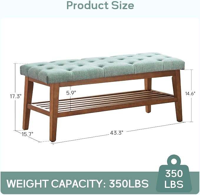 HUIMO Entryway Shoe Bench, End of Bed Bench,Upholstered Button-Tufted Bench for Kitchen, Fabric Ottoman Bench for Living Room, Padded Bench with Solid Wood Shelf,Teal