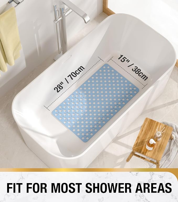 HITSLAM Bathtub Mat Non Slip, Soft TPE Bath Mat for Tub, Efficient Drainage Bathroom Shower Mat with Suction Cups, Bath Tub Mat, Easy to Clean, 28 x 15 Inch, Blue