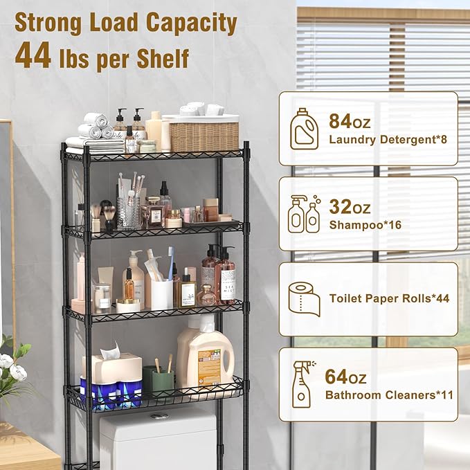 EAGMAK 4 Tier Over The Toilet Storage Rack, Bathroom Organizers and Storage Over Toilet with Adjustable Shelf and Basket, Above Toilet Storage Bathroom Cabinet for Small Space (Black)