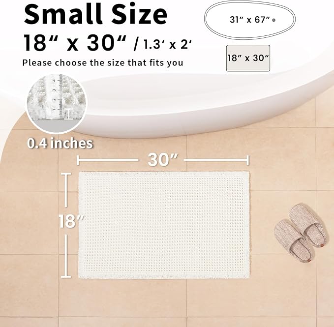White Bathroom Rugs, Waffle Bath Mat Non Slip Washable, Super Absorbent & Quick Dry, Small Boho Bath Mat Farmhouse Bathroom Decor, 18'' x 30'', White