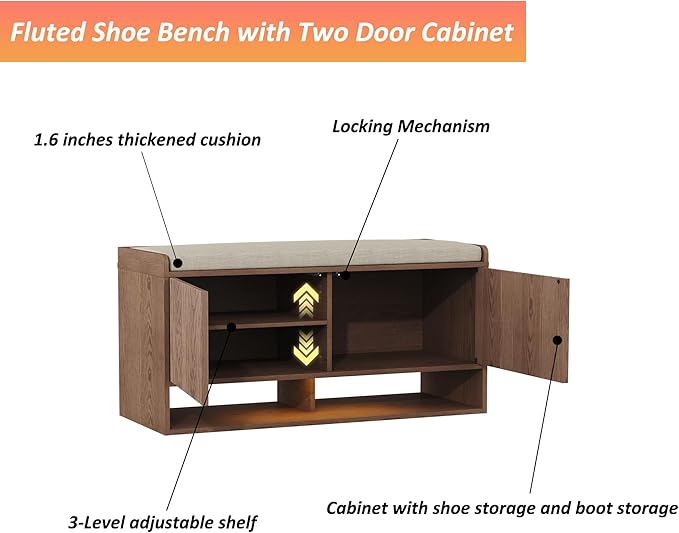 HOMEFORT 39.4" Fluted Shoe Storage Bench, Entryway Bench with Linen Seat Cushion, Shoe Cabinet Bench with Adjustable Shelf and Built-in LED Sensor Light, Bench for Bedroom End of Bed,Walnut
