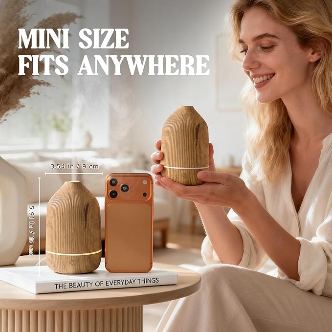 Essential Oil Diffuser, 100ml Aromatherapy Diffuser, Mini Ultrasonic Diffuser for Essential Oil, Home, Office, Cool Mist Humidifier with 7 Led Light, Auto Shut-Off, Wood Grain
