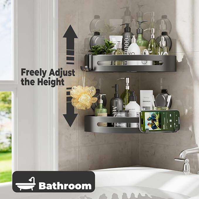 Shower Caddy Corner,Suction Cup Shower Caddy with Hooks,No Drilling Rustproof Aluminum Bathroom Organizers and Storage,Shelves for Bathroom Accessories Decor (1)