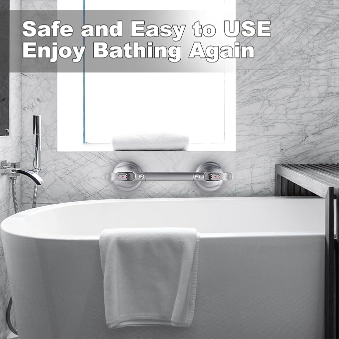 Heavy Duty Suction Shower Grab Bar - Toilet Bathroom Bathtub Safety - Shower Handles, Suction Cup Power Up to 250 LB, Perfect for Elderly Seniors(18.5 Inch, Gray Silver) ver
