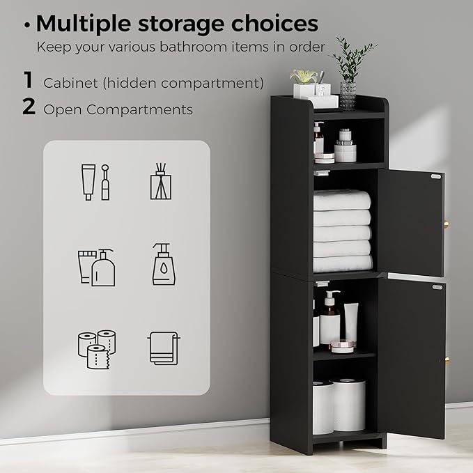 BEWISHOME Small Bathroom Cabinet, Bathroom Storage Cabinet with Adjustable Shelves & 2 Doors, Narrow Toilet Paper Cabinets, 7.9" D x 7.9" W x 31.5" H, for Small Spaces, Black YYG03B