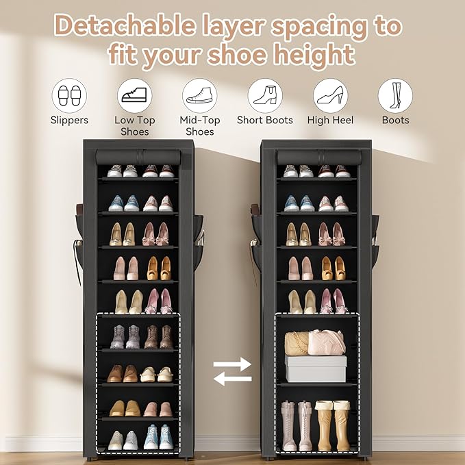 LANTEFUL Narrow Shoe Rack with Cover 10 Tier Tall Shoe Rack Organizer Large Capacity Shoe Shelf Storage 18-22 Pairs Space Saving Free Standing Shoe Storage Organizer for Closet, Entryway, Dorm, Black