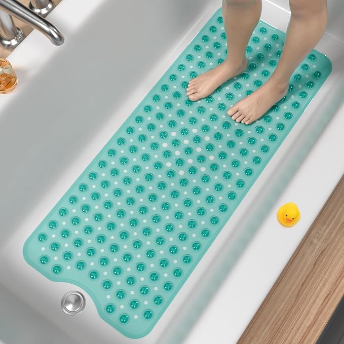 HITSLAM Bath Mat for Tub, Non Slip Bathtub Mat, 40 x 16 Inch Extra Long Bath Tub Mat, Machine Washable Bathroom Shower Mat with Suction Cups and Drain Holes, Soft on Feet, Clear Green