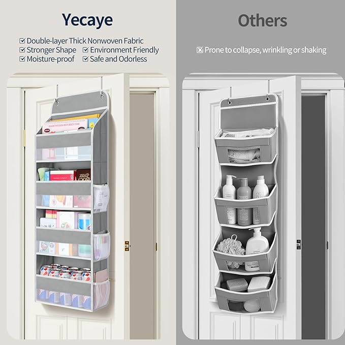 Yecaye Over The Door Organizer, Heavy Duty Hanging Organizers and Storage with 4 Large Capacity Pockets, Swing-Proof Behind The Door Storage for Bathroom Nursery Bedroom Dorm Closet, Grey,1Pc