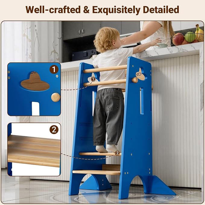 COSYLAND Toddler Standing Tower Adjustable Height(NO Backing Board) - Stable Kids Kitchen Stool Helper with 4 Support Blocks - 3 Levels Adjustable Wooden Toddler Kitchen Stool (Natural & Navy Blue)