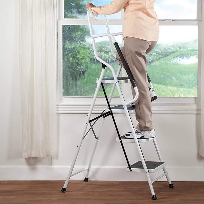 Wiberwi 4 Step Ladder with Handrails 500 lb Capacity Step Stool Folding Portable Ladders for Home Kitchen Steel Frame with Non-Slip Wide Pedal Stepladder with Attachable Tool Bag White