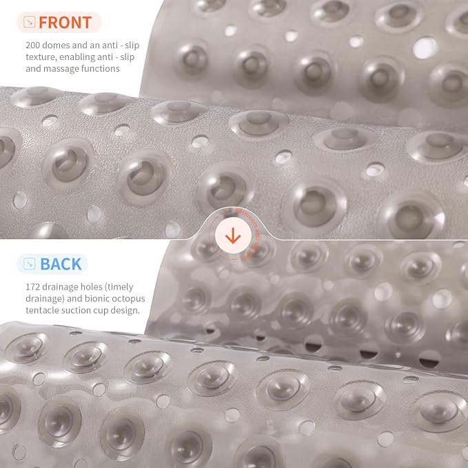 Anti-Slip Bathtub Shower mat, 40×16 inch（ 100 × 40cm） Soft Oversized Machine Washable Non-Slip Bathtub mat with Drainage Holes, Bathroom Floor Suction Cup.（1-Clear Gray）