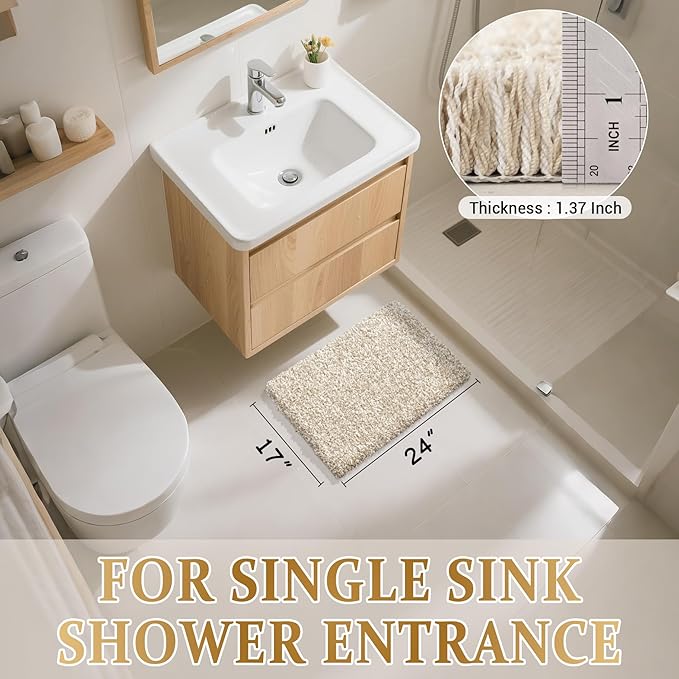 Yimobra Bathroom Rugs Non Slip Washable, Ultra Soft and Water Absorbent Bath Mats, Plush Fluffy Shower Mat Outside, Microfiber Thick Matts for Bathroom Floor/Sink, 24X17, Light Beige and White