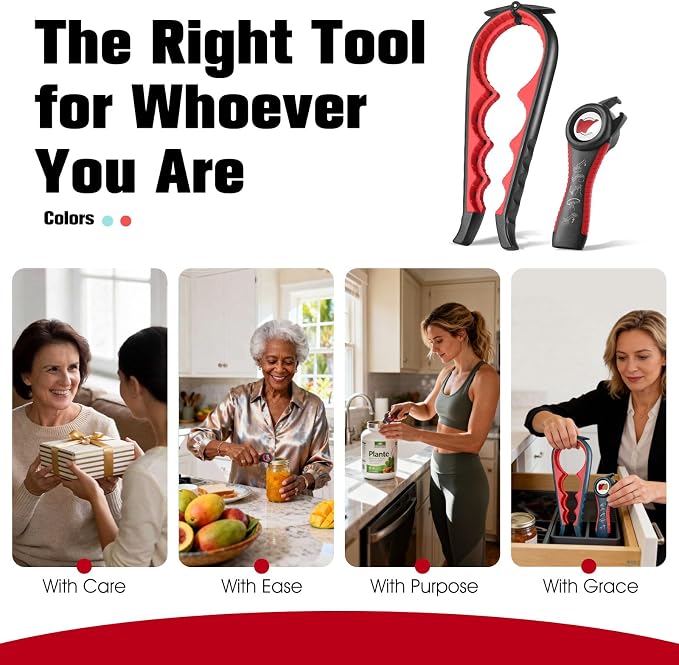Jar Opener Bottle Opener, 5-in-1 Multi-Function Can Opener with Ergonomic Non-Slip Handle, Kitchen Tool Set for Weak Hands, Seniors with Arthritis, Red