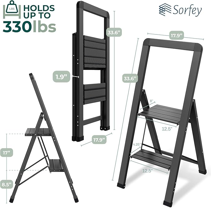 Step Ladder 2 Step Folding, Decorative - Modern Beautiful Black Aluminum,Lock Mechanism, Ultra Slim Profile, Anti Slip Steps, Sturdy-Portable for Home, Office, Kitchen, Photography Use,by SORFEY