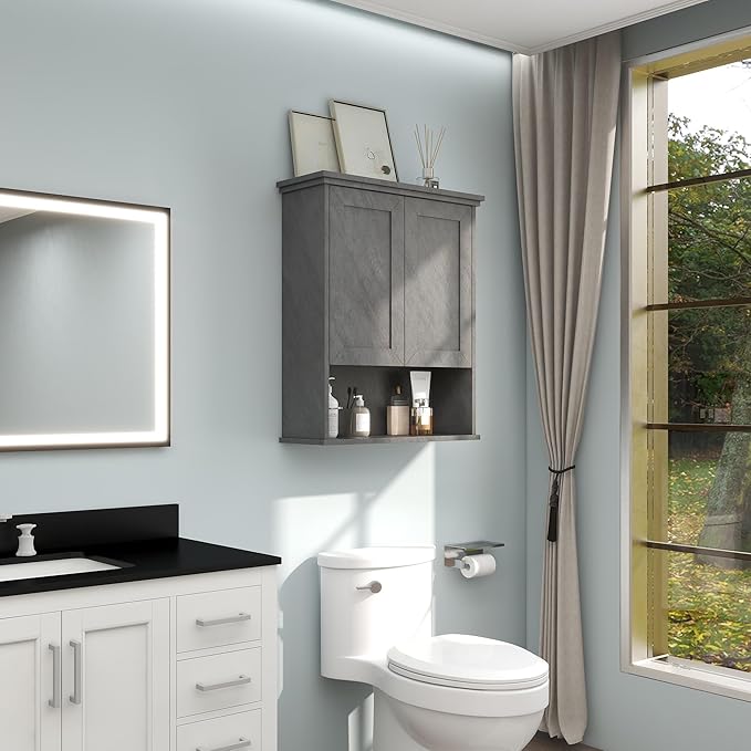 VANIRROR Bathroom Wall Cabinet Over Toilet Storage Cabinets 25x30 in Above Toilet Wood Medicine Cabinets for Bathroom Wall Mounted Cabinet with 2 Door & Adjustable Shelf Texture Grey