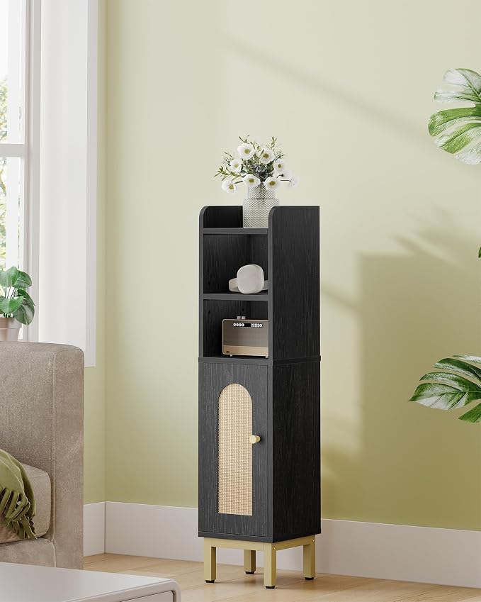 Hzuaneri Bathroom Storage Cabinet, Small Corner Floor Cabinet with Door and Shelves, Narrow Toilet Paper Holder, Bathroom Organizer with Adjustable Shelf, for Small Spaces, Rattan Black BC08204Y