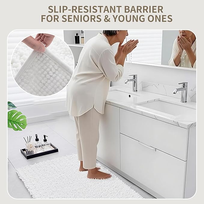 Bathroom Rugs Non Slip Washable 36x24, Extra Thick Soft Chenille Absorbent Bath Mat, High Density Barrier Non Slip Backing, Quick Dry Plush Shaggy Floor Carpet for Tub&Shower, White