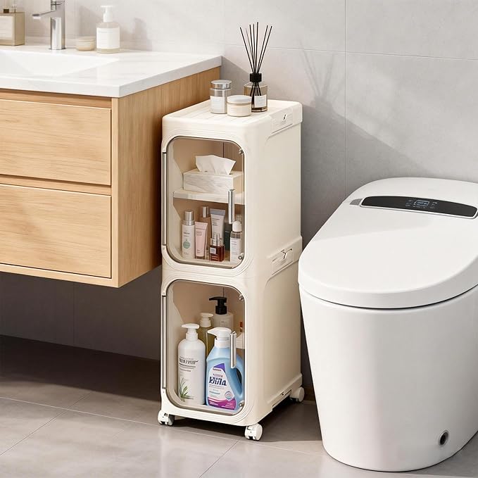 LXLXXL Narrow Storage Cabinet Slim Bathroom Storage Cabinet with Movable Wheels Tall Bathroom Organizer Skinny Cabinet for Small Spaces，2-Tier Beige