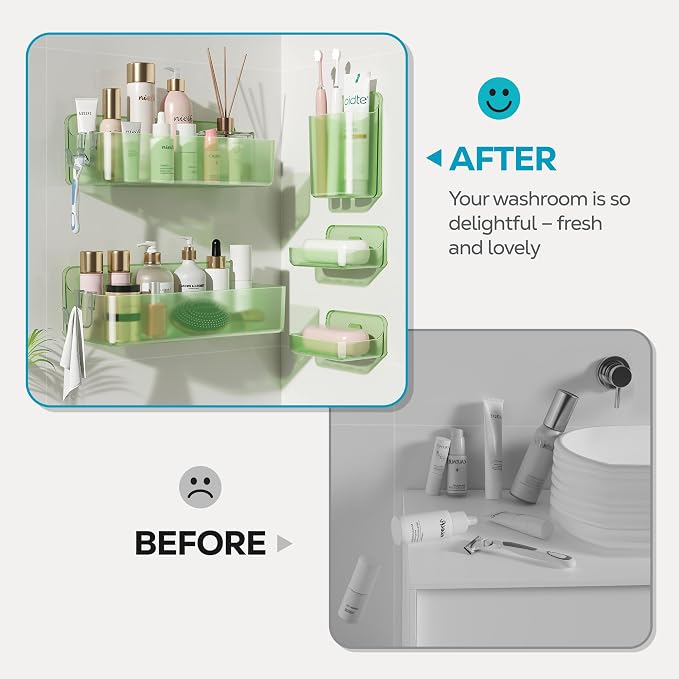Nieifi Adhesive Wall Shelf, Shower Shelves, Shower Organizer for Bathroom Organization (Green-Clear, 5 pieces)