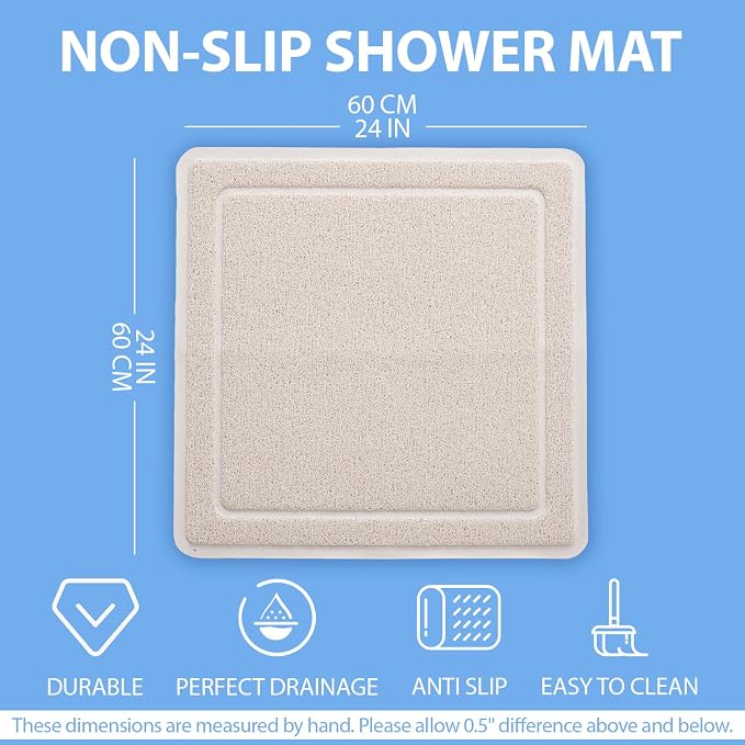 Hargiis Square Non-Slip Shower Mat, Anti Slip Bathtub Mat, Fast Drying Bathtub Mats, UpgradedFoot Scrubber Mat, Anti Slip Mat for Tub, Floor, Bathroom, Kitchen, Hotel (Beige 24"×24")