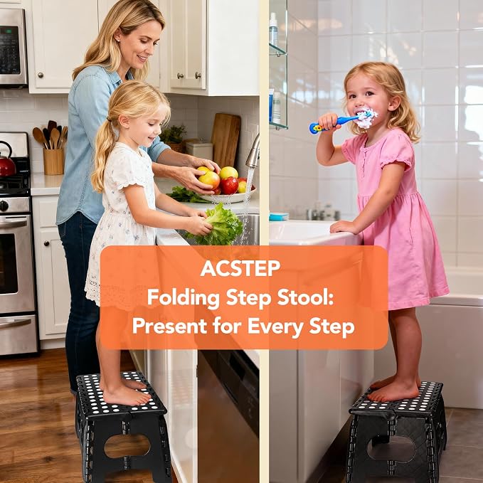 ACSTEP Folding Step Stool,15-Inch Extra Wide 9 Inch Height Heavy Duty Stepping Stool Safer and More Comfortable Non Slip Foldable Step Stool for Kids and Adults Black