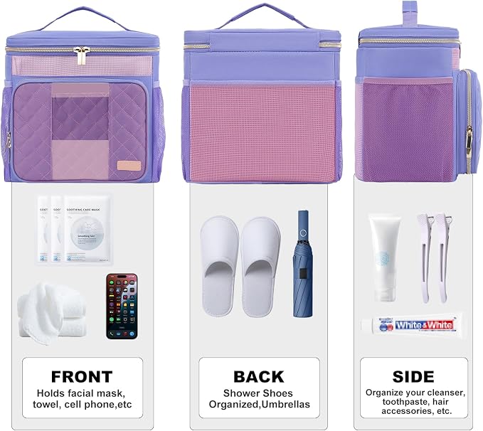 Portable Shower Caddy College Dorm Essentials (Full Size Bottle Compatible), Toiletry Bag for Women Men, Hanging Makeup Organizer Bag for Travel,Gym & Camping,Purple