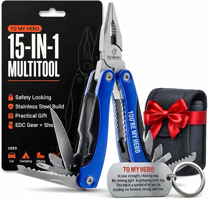 YOU ARE MY HERO Engraved 15-in-1 Multitool & Keychain Set, Stainless Steel Locking EDC Gear, Practical Gifts for Men, Dad, Husband, Son, Brother, Boyfriend, Camping Hiking Fishing Survival Tool