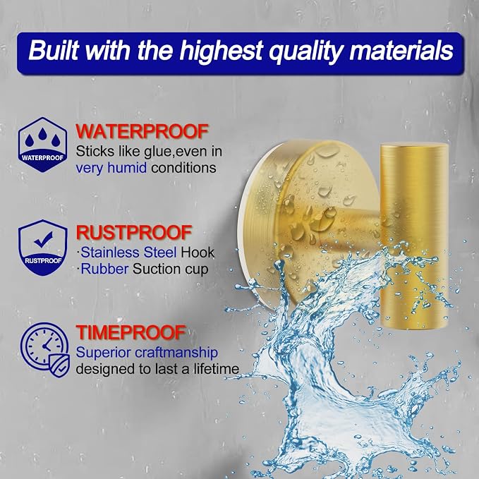 Bntuk Suction Cup Hooks, Shower Hooks for Inside Shower – Removable Towel Hooks for Bathroom Window Glass Mirror Tile, Bath Robe Looafh Hook for Hanging – Waterproof & Rustproof, Gold(2 Pack)