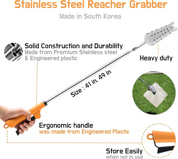 Premium Stainless Steel Reacher Grabber 49" – Heavy-Duty Trash Picker, Fireplace/BBQ Log Tongs, Snake Tongs & Snake Grabber, No-Wire Power Claw, Made in Korea, Outdoor Yard Tool | FTH
