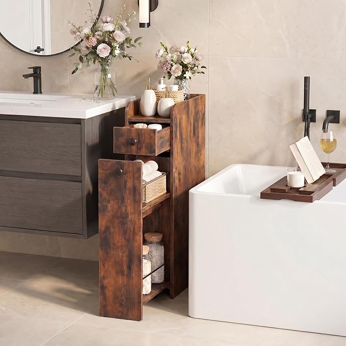 COSTWAY Slim Bathroom Cabinet, 7" Wide Space-Saving Storage with 2-Tier Slide-Out Drawer, Shelf & Toilet Paper Holder, Freestanding Narrow Organizer for Bathroom, Laundry & Small Spaces (Rustic Brown)