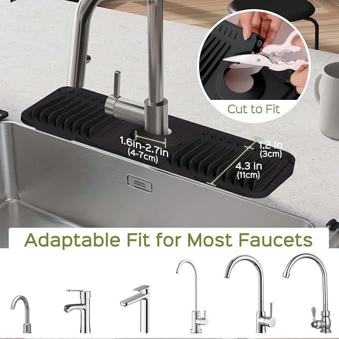15 Inch Silicone Faucet Mat for Kitchen Sink Splash Guard – 2025 Upgraded Draining Mat with Water Tray Behind Faucet – Countertop Protectors to Catch Spills (Black, 14.6" x 5.5")