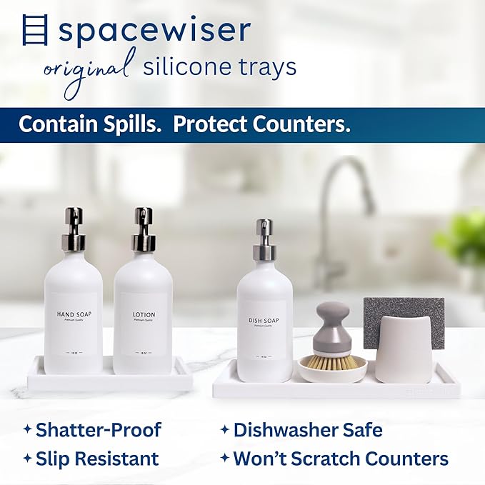 Spacewiser Countertop and Vanity Tray - 2 PC (11” and 7”) Shatterproof Silicone Kitchen and Bathroom Trays for Counter, Kitchen Soap Dispenser Tray, Vanity Trays for Bathroom, Perfume Key Tray