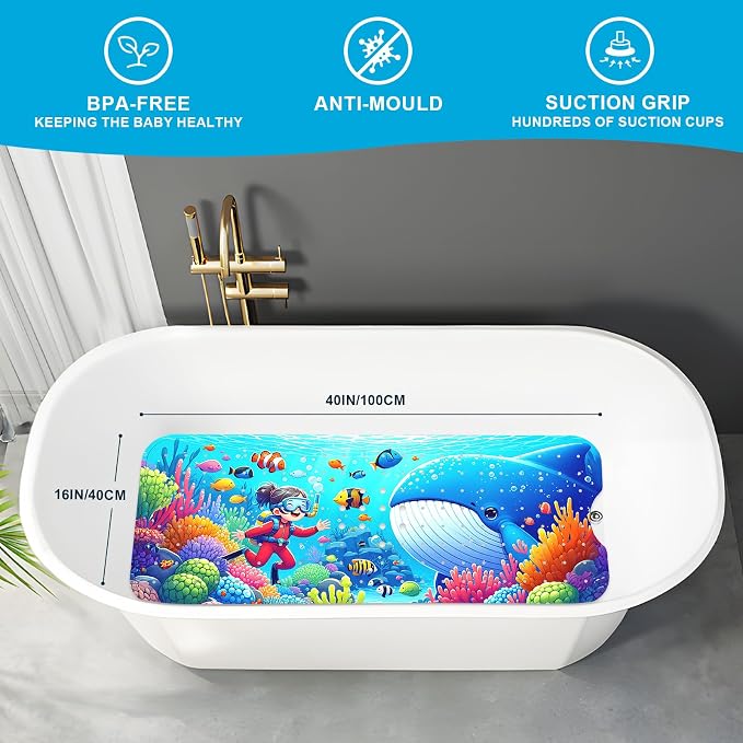XIYUNTE Baby Bath Mat for Tub Non Slip Kids Bath Mat - 40''x16'' Extra Long Cartoon Bathtub Mat Non Slip Kids Shower Mat Eco-Friendly Toddler Bath Mats with Suction Cups, Machine Washable