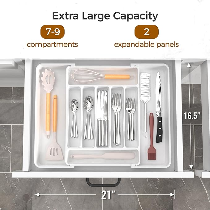 ukeetap Extra Large Expandable Silverware Organizer, BPA-Free Food-Safe Cutlery Flatware Organizer, Kitchen Utensil Drawer Organizer, Adjustable Silverware Holder for Spoons Forks Knives, White