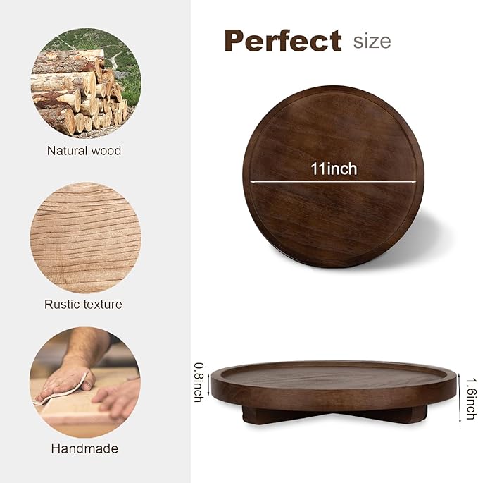 Round Decorative Tray Wood Bathroom Counter Organizer Farmhouse Kitchen Decor Wooden Riser for Soap Dish, Perfume, Candle, Sponge, 11" - Walnut