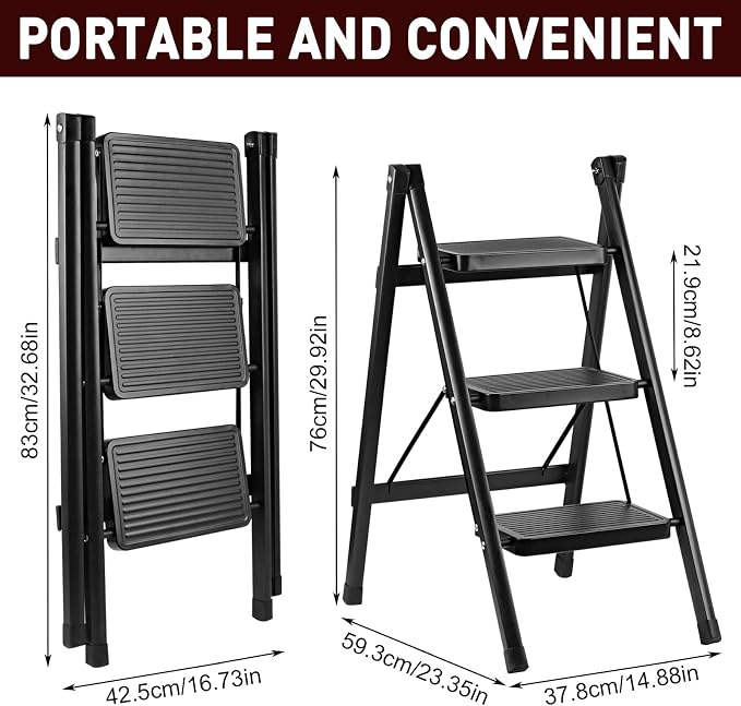 3-Step Ladder, Folding Step Stool for Kitchen/Closet/Garage, Sturdy & Lightweight Aluminum Handy Ladder, 200 lbs Capacity, Anti-Slip Pedals, Compact & Portable for Home DIY & Everyday Tasks