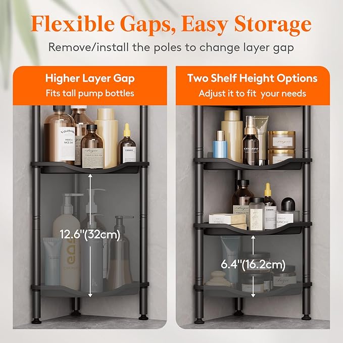 Lifewit Floor Standing Shower Caddy Corner, 4 Tier Plastic Shower Stand Rack with Adjustable Feet and Hooks, Rustproof Bathroom Shelf Organizer, Black, 34 x 24 x 107 cm/13 x 9.5 x 42 inch