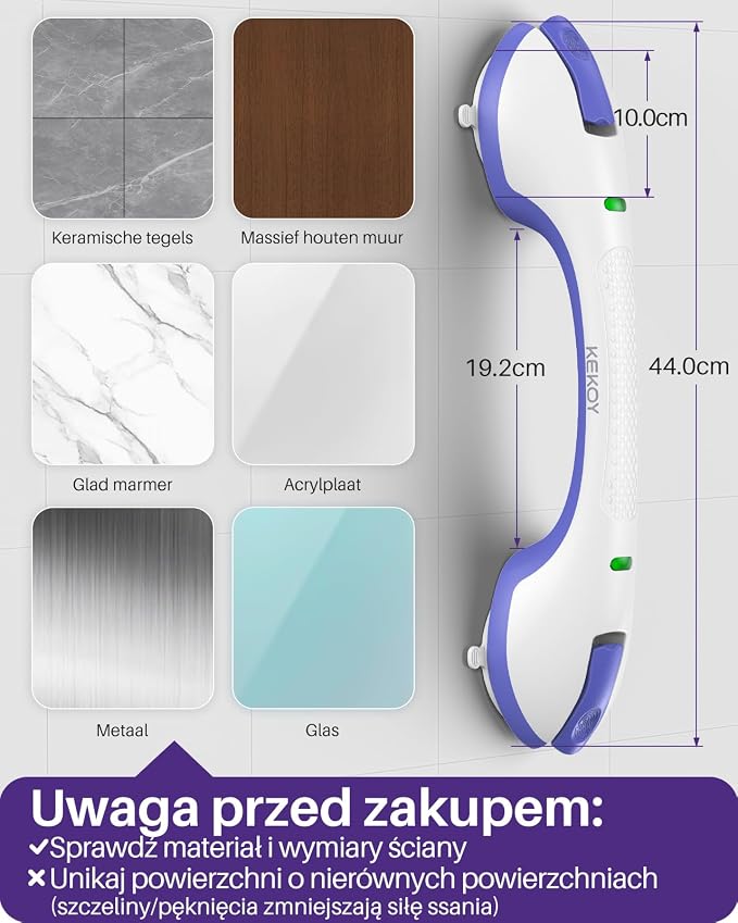 KEKOY 17.5 Inch Suction Grab Bars for Bathtubs & Showers with Indicator 2 Pack- Heavy Duty Safety Shower Handle for Seniors and Elderly, Handicap Bars for Bathroom, No Drilling, Purple
