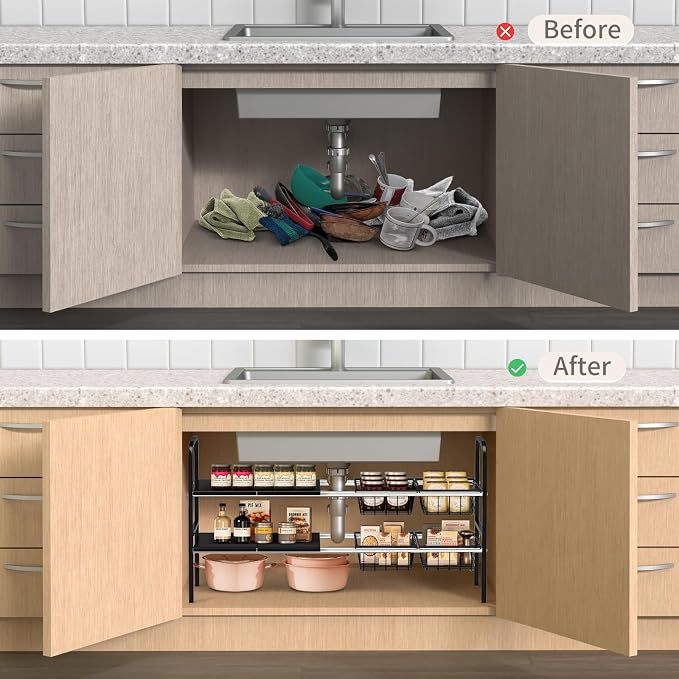 Expandable 2-Tier Under Sink Organizer, 8 Removable Plastic Boards, Tool-Free Installation (Black, 2-Tier 4 Boards and 4 Baskets)