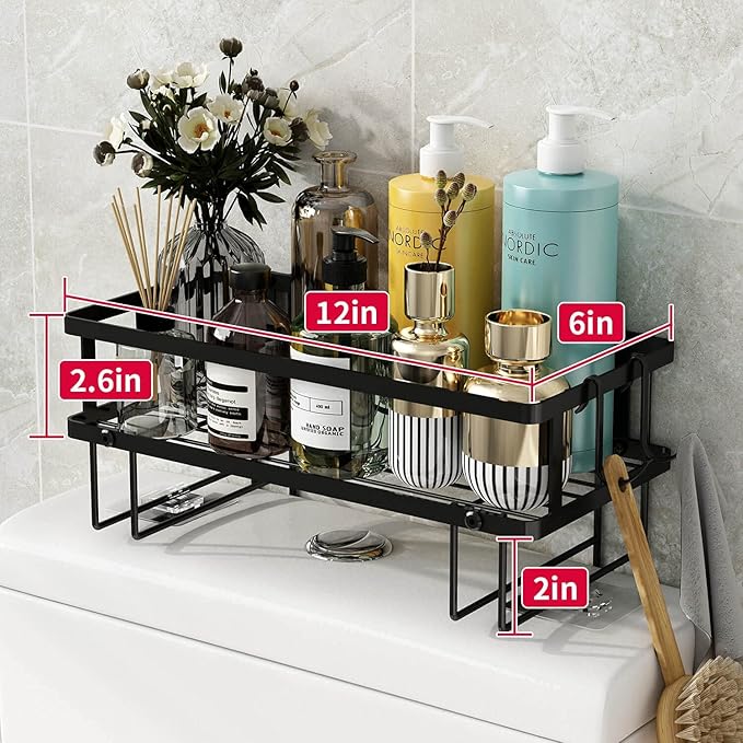 Godboat Bathroom Organizer - Over Toilet Storage, Floating Shelves with 2 Hooks, Wall Mounted Shelf Rack, Behind and Above the Tank, Gifts for Women (Black, 1-Tier)