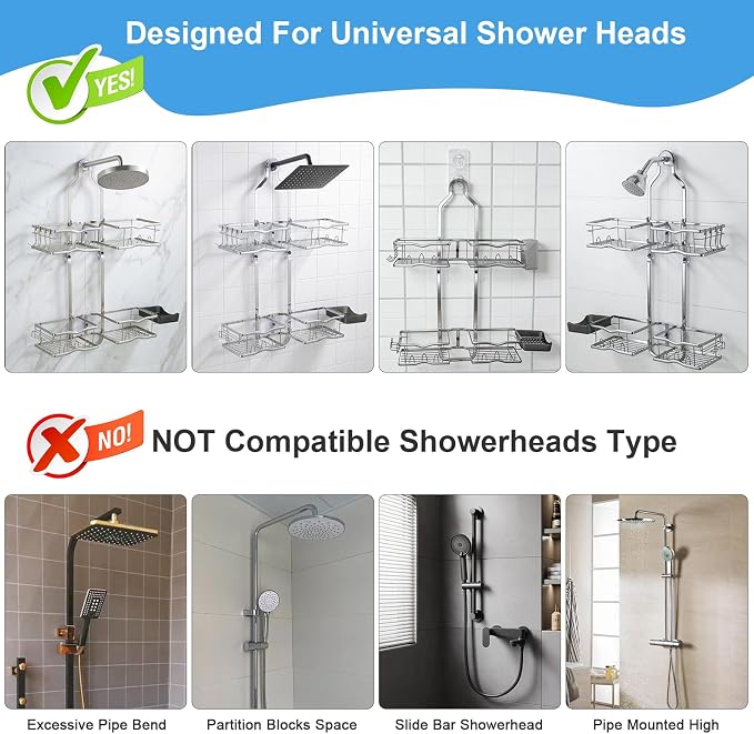 Shower Caddy Hanging Organizer, Rustproof Shower Organizer Hanging for Handheld Showerhead with Hooks for Razor/Sponge, Bathroom Caddy Rack Shower Shelves for Shampoo Soap Towels, Silver