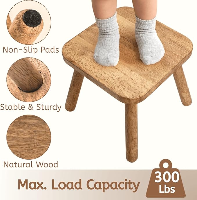 Youeon 12 Inch Square Solid Wooden Step Stool, Non-Slip One Step Stool for Adults, Holds up to 300 Lbs, Portable & Sturdy, Footstool for Bedroom, Bathroom, Kitchen, Easy to Assemble