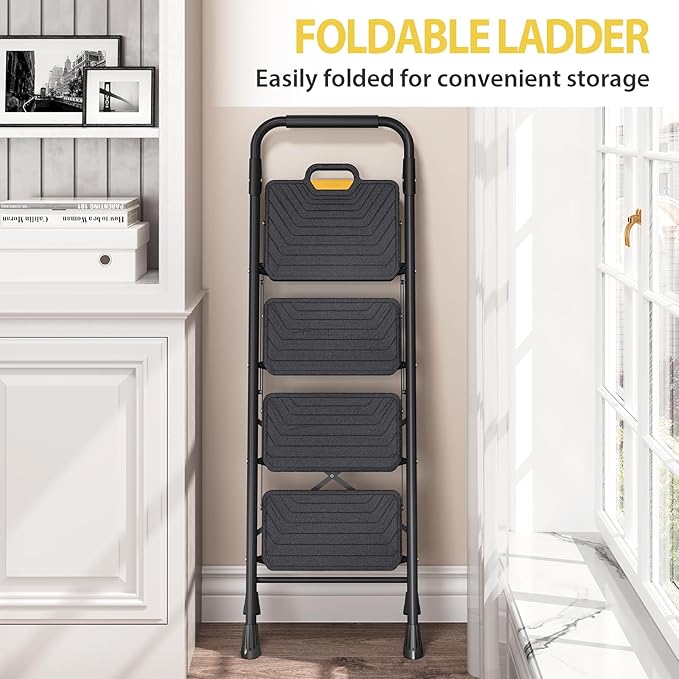 KINGRACK 4 Step Ladder, Sturdy Steel Step Stool with Anti-Slip Wide Pedals, Handrail, Safe-Lock Design, Pass 800lbs Load Testing, Folding Portable Ladder for Multi-Purpose, Home, Kitchen, Black