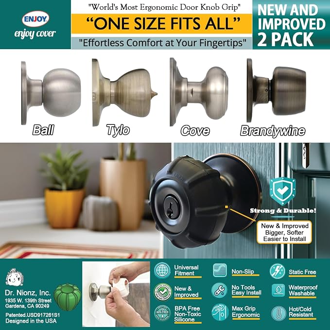 Enjoy Cover | 2 Pack Upgraded Ergonomic Design Door Knob Cover Grips, Non-Slip, Arthritis and Senior Living Aids, Universal Size (Black)
